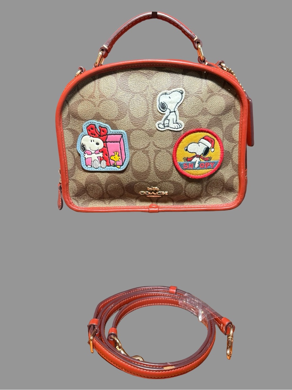Coach Kids Brown Signature Canvas Crossbody with Orange Trim & Snoopy Patches